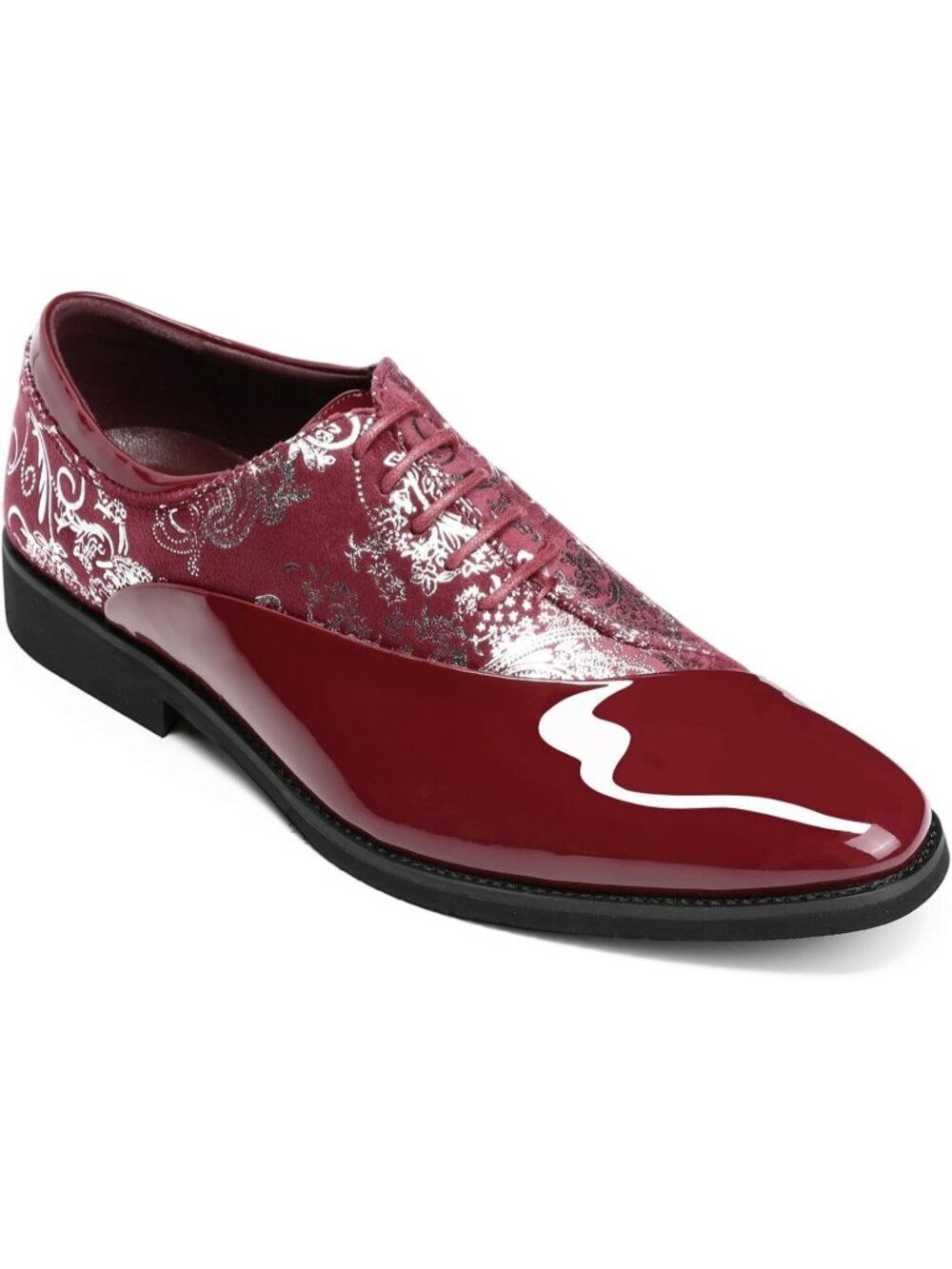 Men's Red Elegant Rubber Sole Lace Up Patent Velvet Tuxedo Formal Oxford Shoes